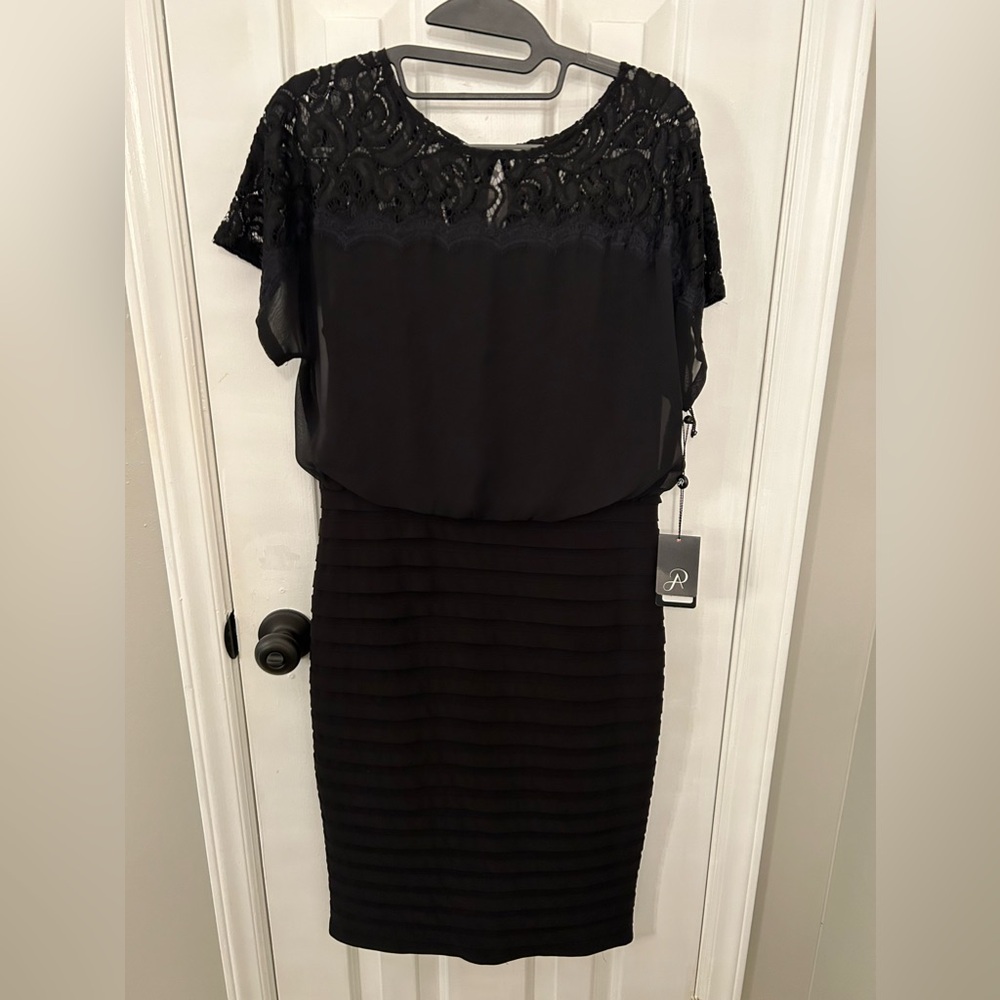 NWT Adrianna Papell Size 8 Black Lace Pleated Ruffle Dress